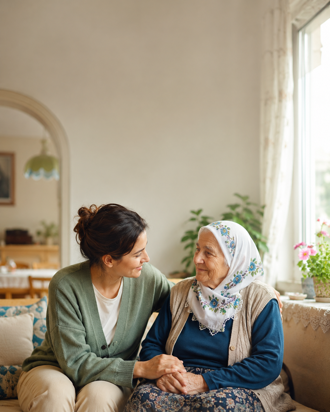 Profesyonel bakıcı yaşlı kadına sıcaklıkla yaklaşıyor